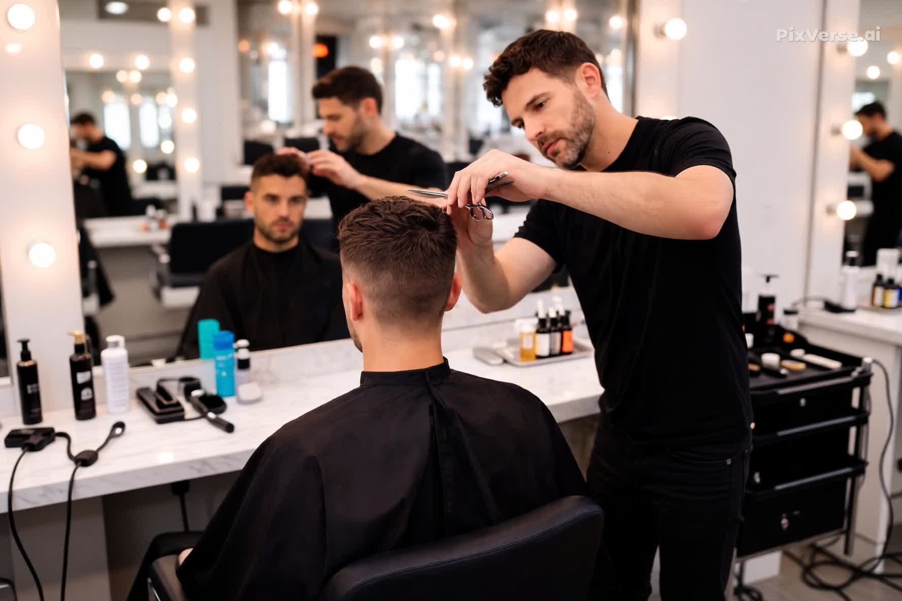 Barber giving a precision men's haircut